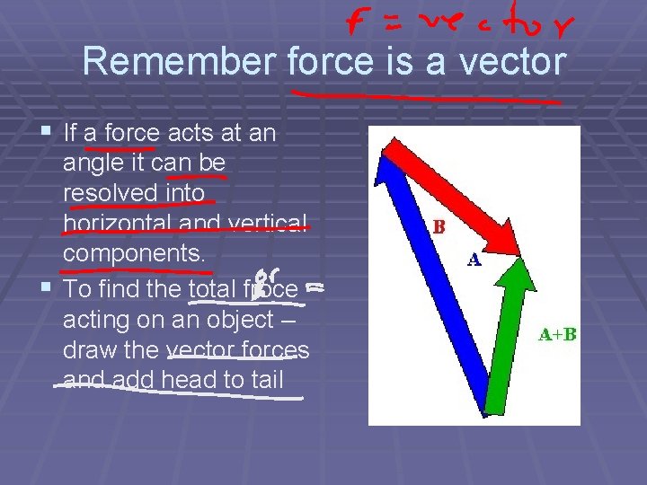 Remember force is a vector § If a force acts at an angle it