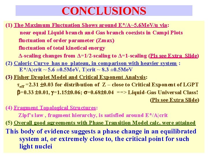 CONCLUSIONS (1) The Maximum Fluctuation Shows around E*/A~5. 6 Me. V/u via: near equal