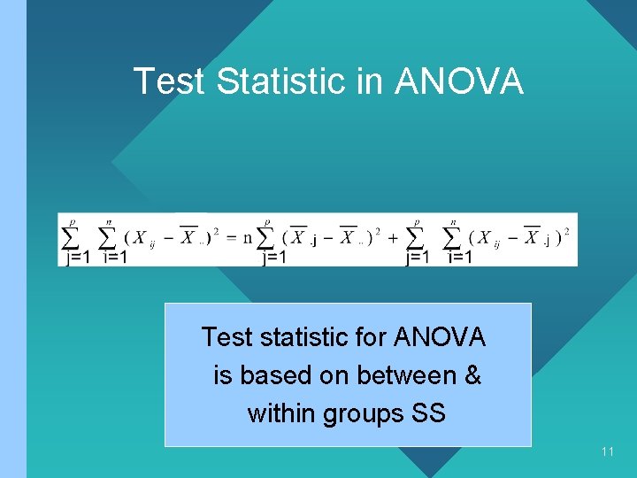 Test Statistic in ANOVA Test statistic for ANOVA is based on between & within