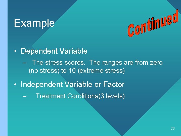Example • Dependent Variable – The stress scores. The ranges are from zero (no