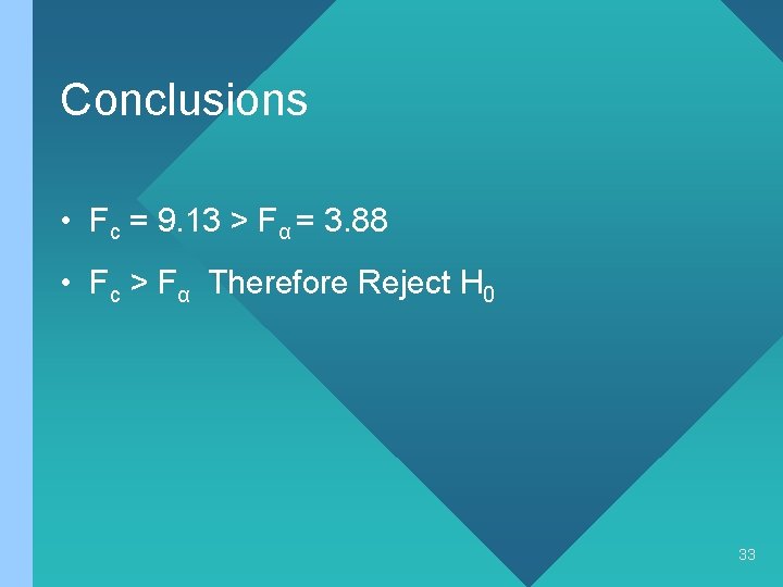 Conclusions • Fc = 9. 13 > Fα = 3. 88 • Fc >