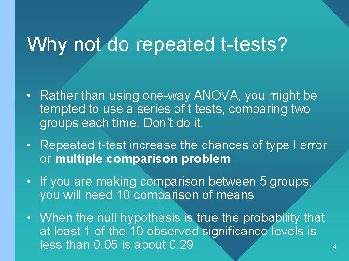 Why not do repeated t-tests? • Rather than using one-way ANOVA, you might be