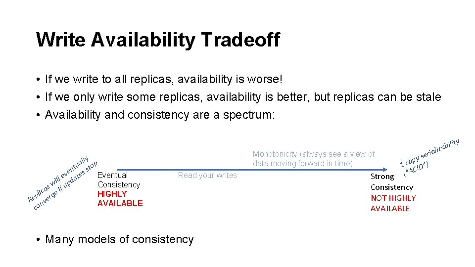 Write Availability Tradeoff • If we write to all replicas, availability is worse! •