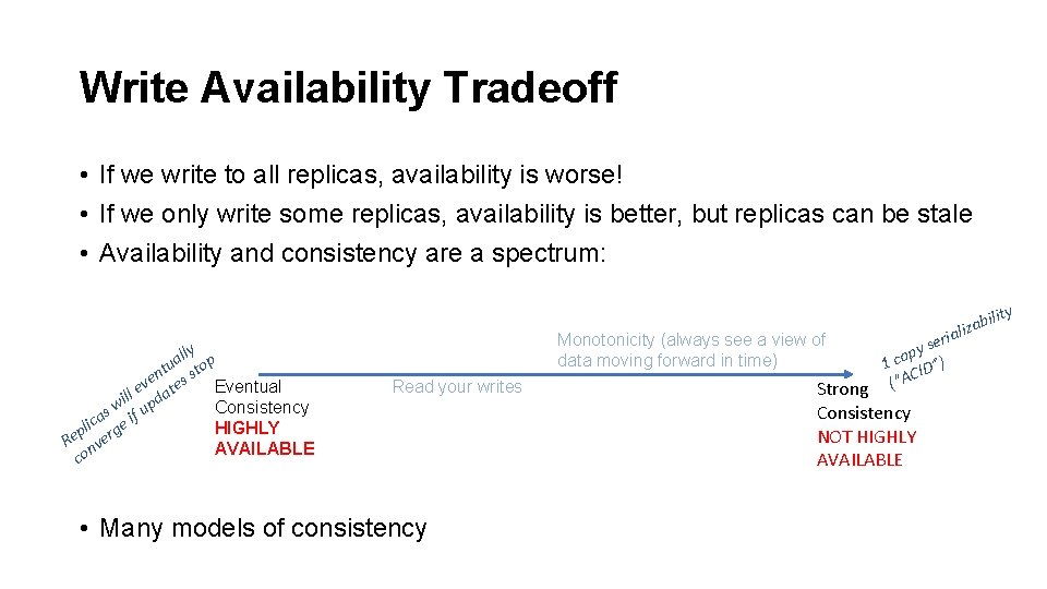 Write Availability Tradeoff • If we write to all replicas, availability is worse! •