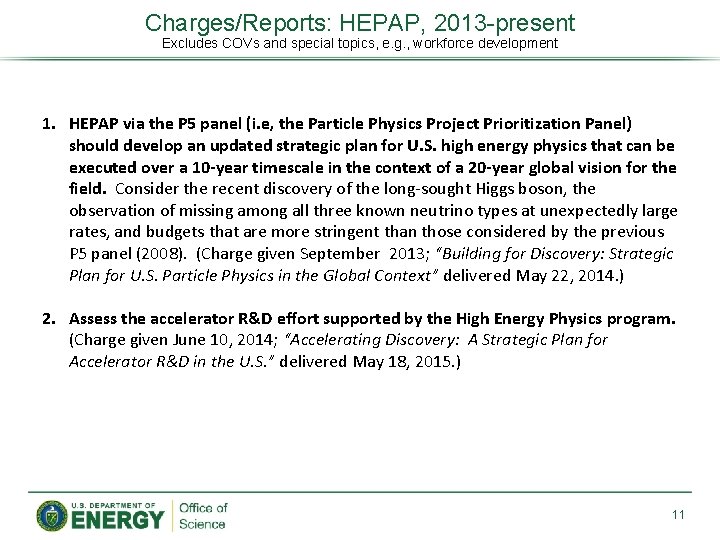 Charges/Reports: HEPAP, 2013 -present Excludes COVs and special topics, e. g. , workforce development