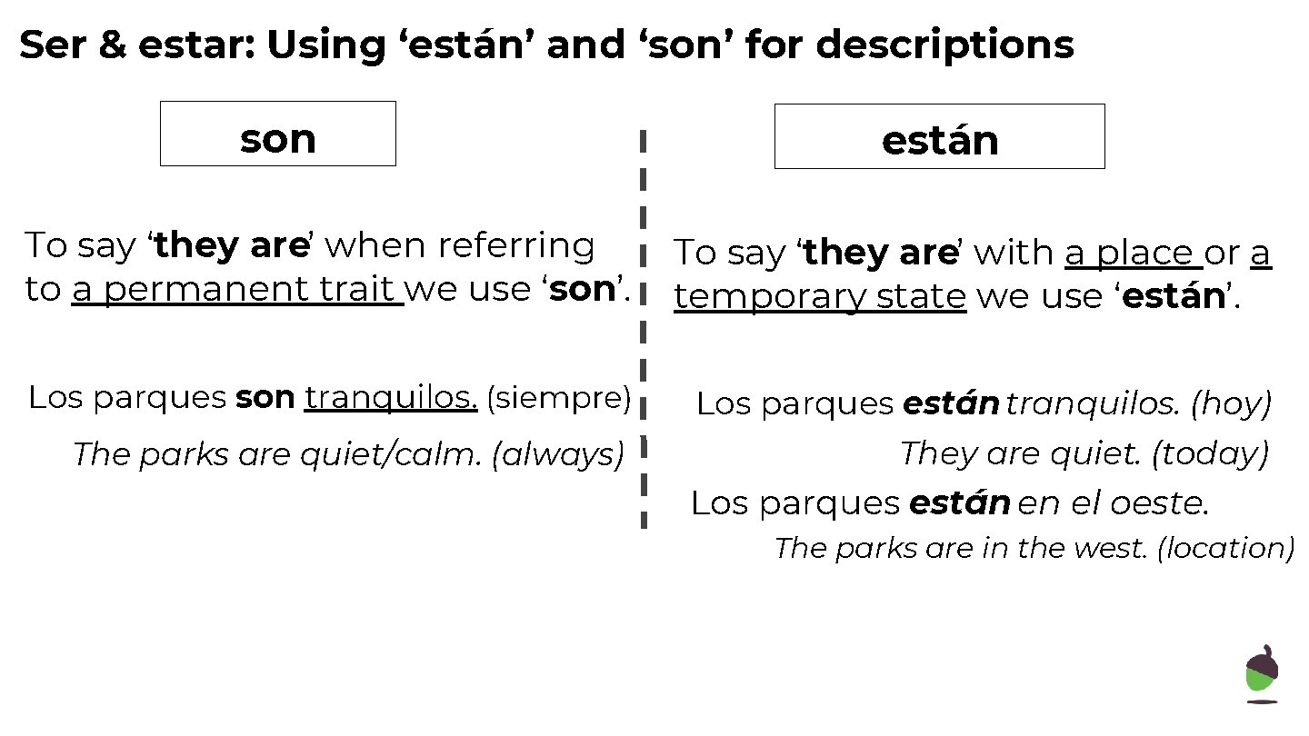 Ser & estar: Using ‘están’ and ‘son’ for descriptions son están To say ‘they