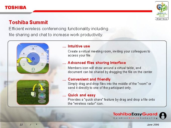 Toshiba Summit Efficient wireless conferencing functionality including file sharing and chat to increase work