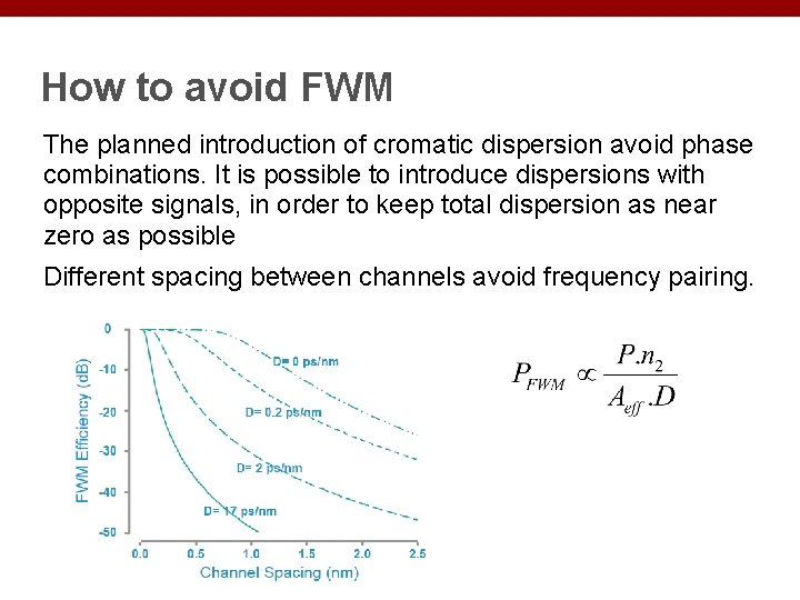 How to avoid FWM The planned introduction of cromatic dispersion avoid phase combinations. It
