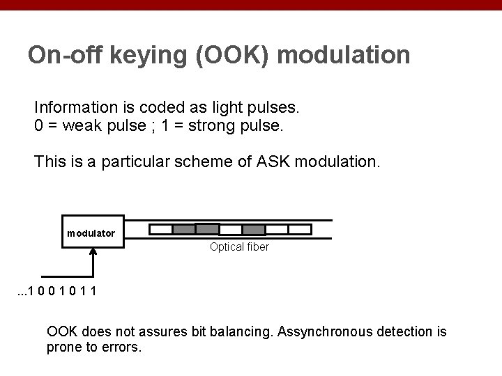 On-off keying (OOK) modulation Information is coded as light pulses. 0 = weak pulse