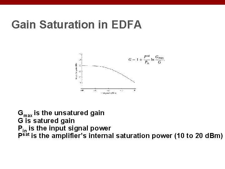 Gain Saturation in EDFA Gmax is the unsatured gain G is satured gain Pin