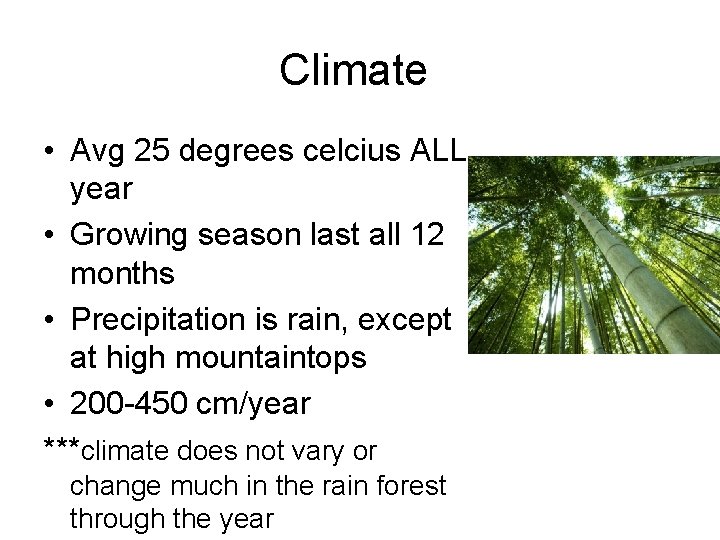 Climate • Avg 25 degrees celcius ALL year • Growing season last all 12