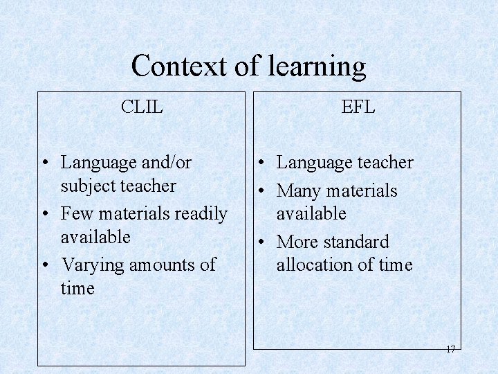 Context of learning CLIL • Language and/or subject teacher • Few materials readily available