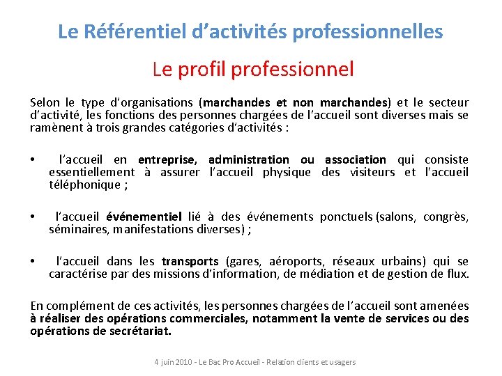 Le Référentiel d’activités professionnelles Le profil professionnel Selon le type d’organisations (marchandes et non