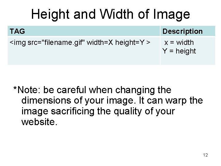 Height and Width of Image TAG Description <img src="filename. gif" width=X height=Y > x