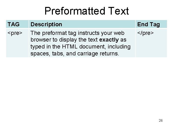 Preformatted Text TAG <pre> Description The preformat tag instructs your web browser to display