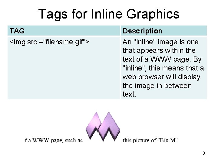 Tags for Inline Graphics TAG <img src =“filename. gif”> Description An "inline" image is