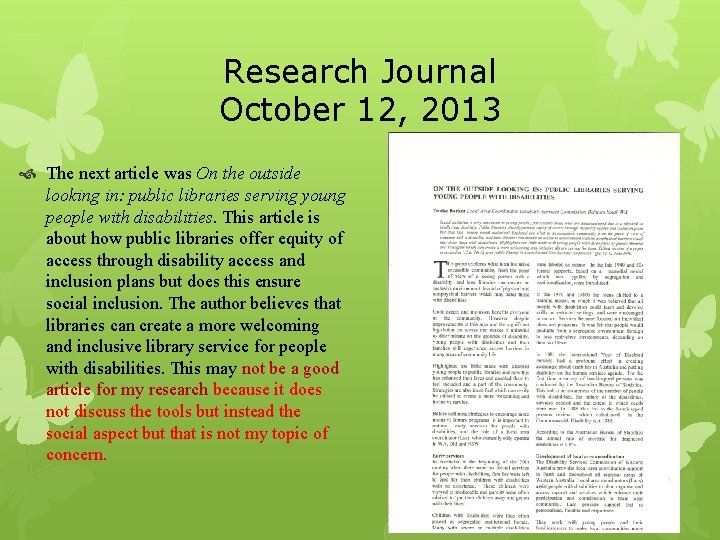 Research Journal October 12, 2013 The next article was On the outside looking in: