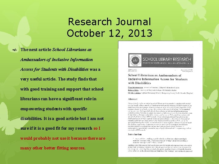 Research Journal October 12, 2013 The next article School Librarians as Ambassadors of Inclusive