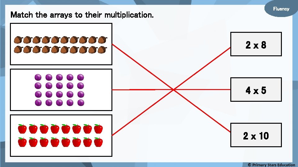 Fluency Match the arrays to their multiplication. 2 x 8 4 x 5 2