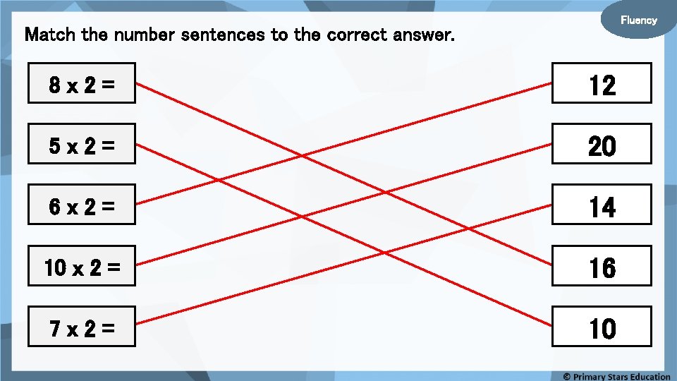 Fluency Match the number sentences to the correct answer. 8 x 2= 12 5