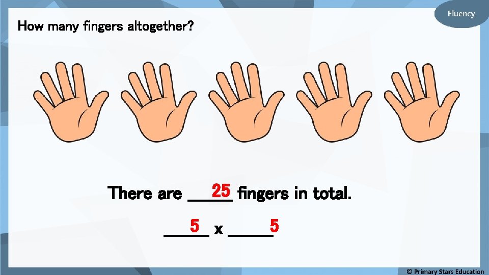 How many fingers altogether? 25 fingers in total. There are ____ 5 x ____5
