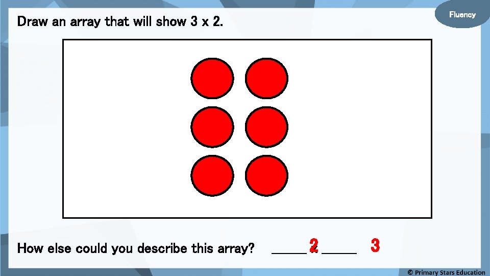 Fluency Draw an array that will show 3 x 2. How else could you