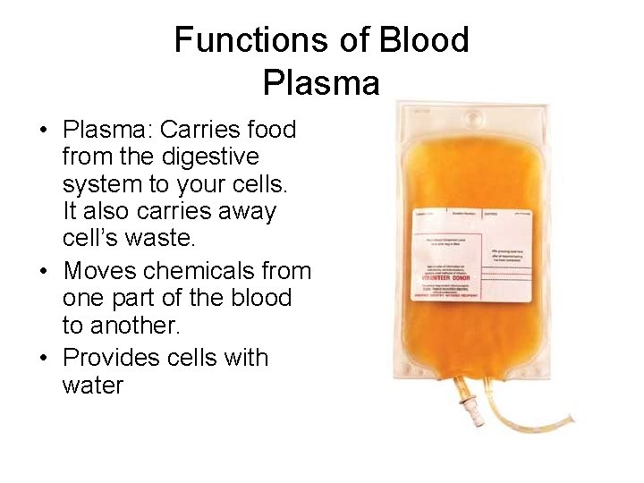 Functions of Blood Plasma • Plasma: Carries food from the digestive system to your
