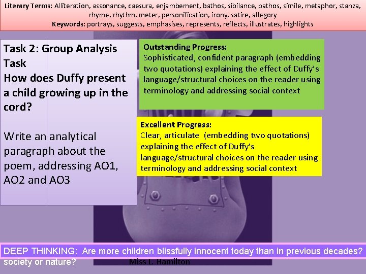 Literary Terms: Alliteration, assonance, caesura, enjambement, bathos, sibilance, pathos, simile, metaphor, stanza, rhyme, rhythm,