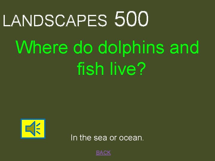 LANDSCAPES 500 Where do dolphins and fish live? In the sea or ocean. BACK