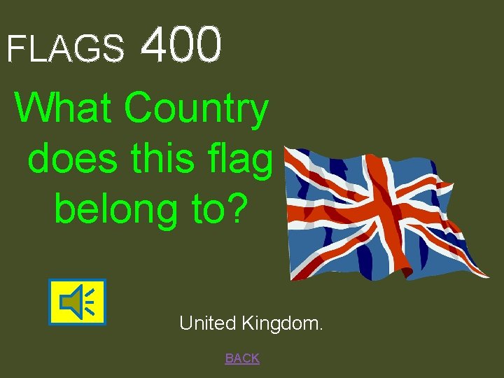 FLAGS 400 What Country does this flag belong to? United Kingdom. BACK 