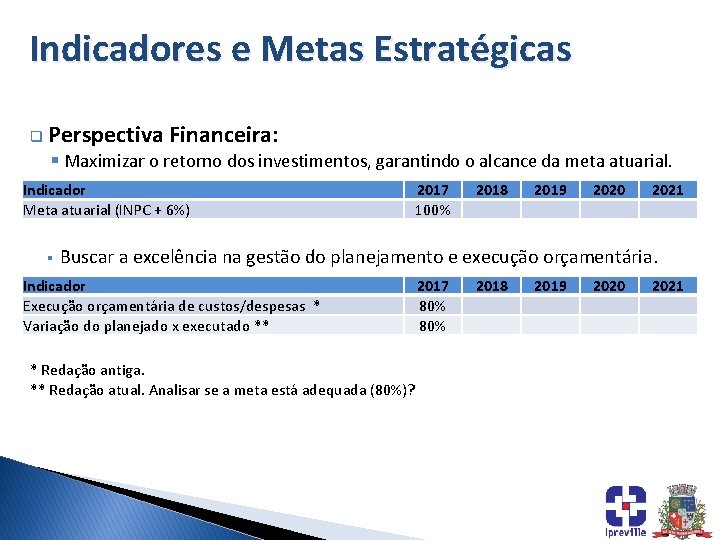 Indicadores e Metas Estratégicas q Perspectiva Financeira: § Maximizar o retorno dos investimentos, garantindo