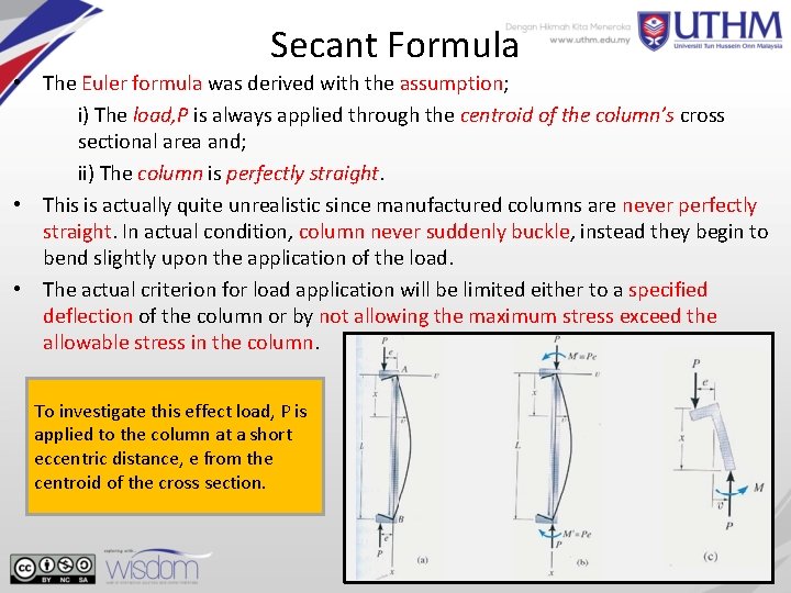 Secant Formula • The Euler formula was derived with the assumption; i) The load,