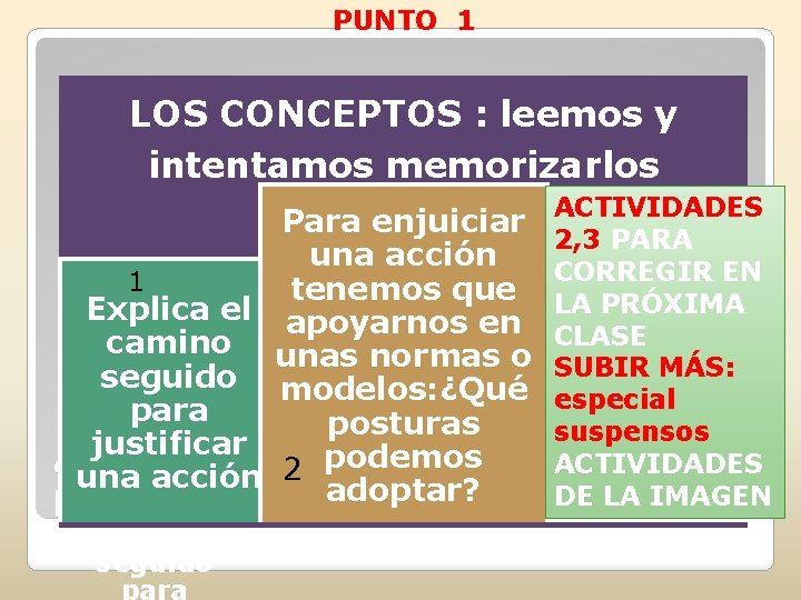 PUNTO 1 LOS CONCEPTOS : leemos y intentamos memorizarlos ACTIVIDADES Para enjuiciar 2, 3