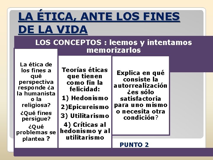 LA ÉTICA, ANTE LOS FINES DE LA VIDA LOS CONCEPTOS : leemos y intentamos