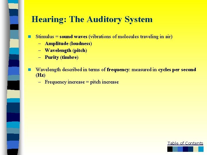 Hearing: The Auditory System n Stimulus = sound waves (vibrations of molecules traveling in