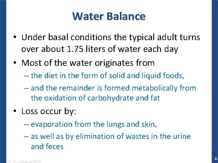 Water Balance • Under basal conditions the typical adult turns over about 1. 75