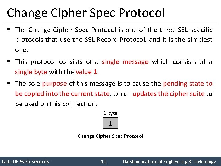 Change Cipher Spec Protocol § The Change Cipher Spec Protocol is one of the