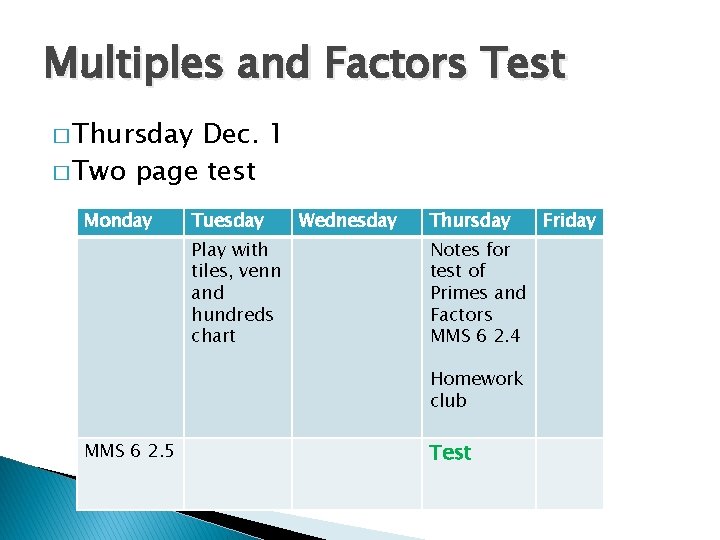 Multiples and Factors Test � Thursday Dec. 1 � Two page test Monday Tuesday