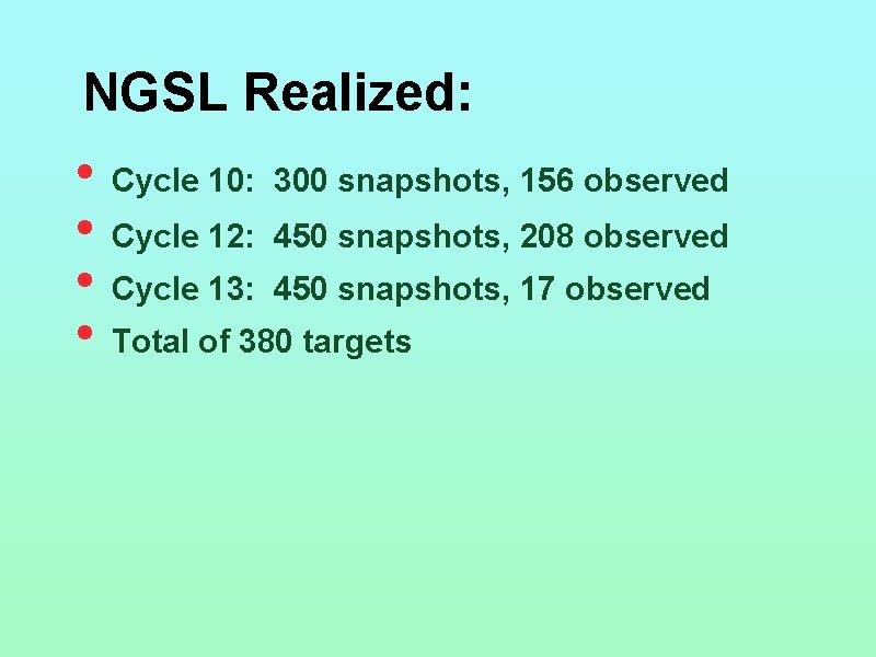 NGSL Realized: • Cycle 10: 300 snapshots, 156 observed • Cycle 12: 450 snapshots,