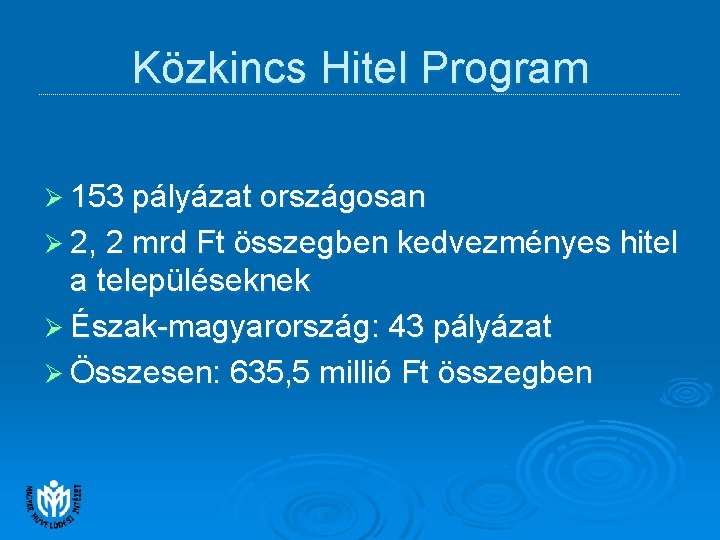 Közkincs Hitel Program Ø 153 pályázat országosan Ø 2, 2 mrd Ft összegben kedvezményes