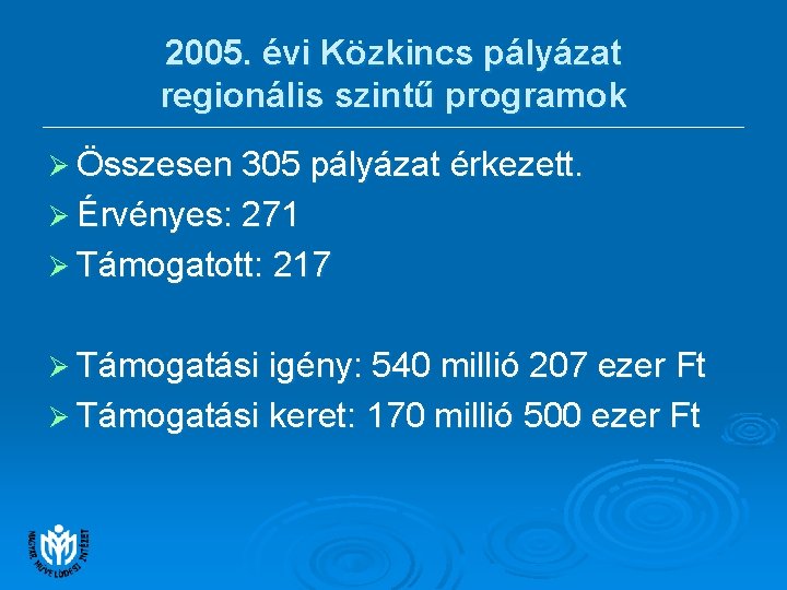 2005. évi Közkincs pályázat regionális szintű programok Ø Összesen 305 pályázat érkezett. Ø Érvényes: