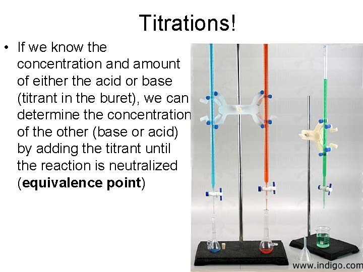 Titrations! • If we know the concentration and amount of either the acid or