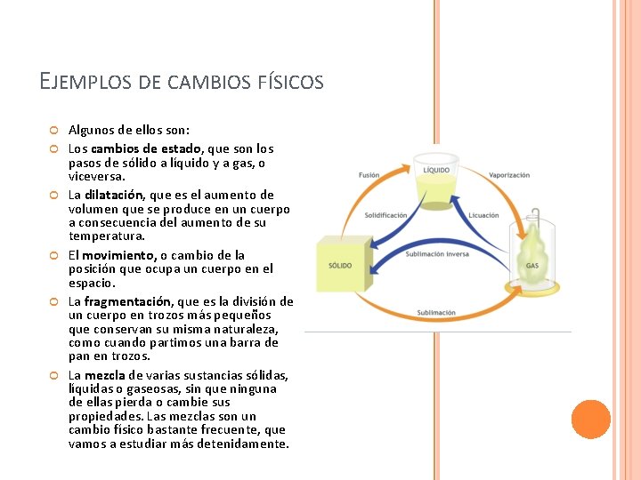 EJEMPLOS DE CAMBIOS FÍSICOS Algunos de ellos son: Los cambios de estado, que son