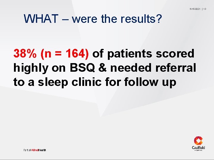 6/15/2021 WHAT – were the results? 38% (n = 164) of patients scored highly