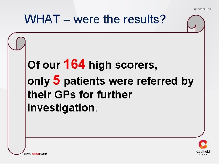 6/15/2021 WHAT – were the results? Of our 164 high scorers, only 5 patients