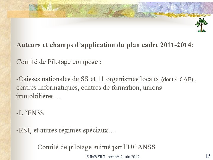 Auteurs et champs d’application du plan cadre 2011 -2014: Comité de Pilotage composé :