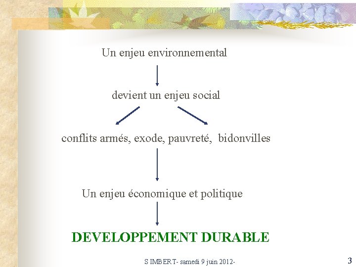 Un enjeu environnemental devient un enjeu social conflits armés, exode, pauvreté, bidonvilles Un enjeu