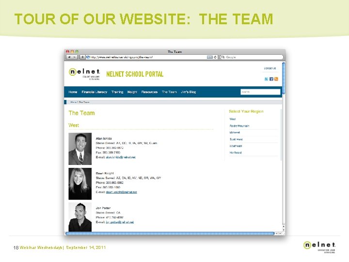 TOUR OF OUR WEBSITE: THE TEAM 18 Webinar Wednesdays| September 14, 2011 