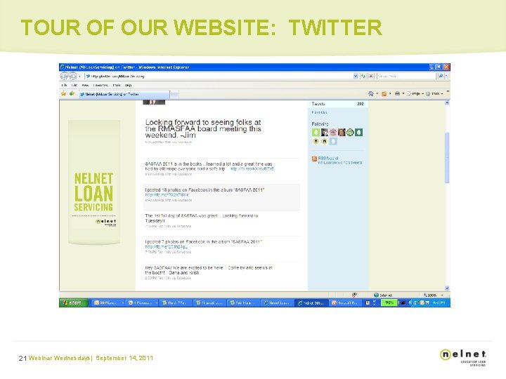 TOUR OF OUR WEBSITE: TWITTER 21 Webinar Wednesdays| September 14, 2011 