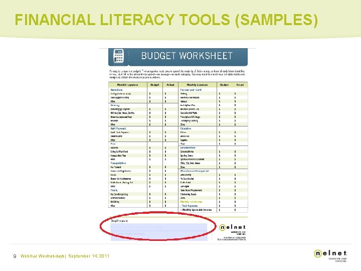 FINANCIAL LITERACY TOOLS (SAMPLES) 9 Webinar Wednesdays| September 14, 2011 